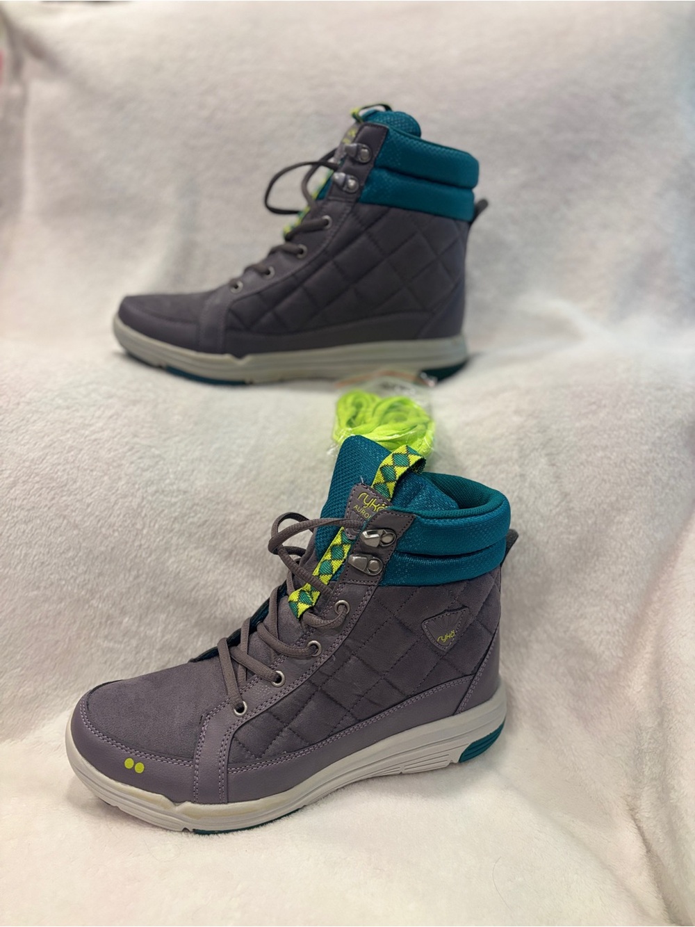Ryka Waterproof Gray Quilted Lace-Up High-Top Boots with Teal and Lime Accents